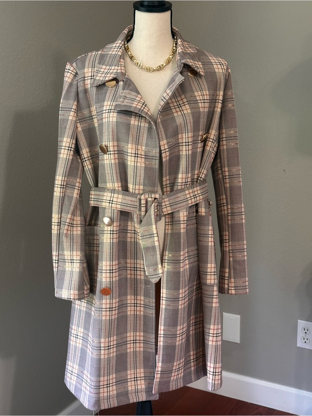 Plaid Belted Trench Coat - Taupe & Blush
